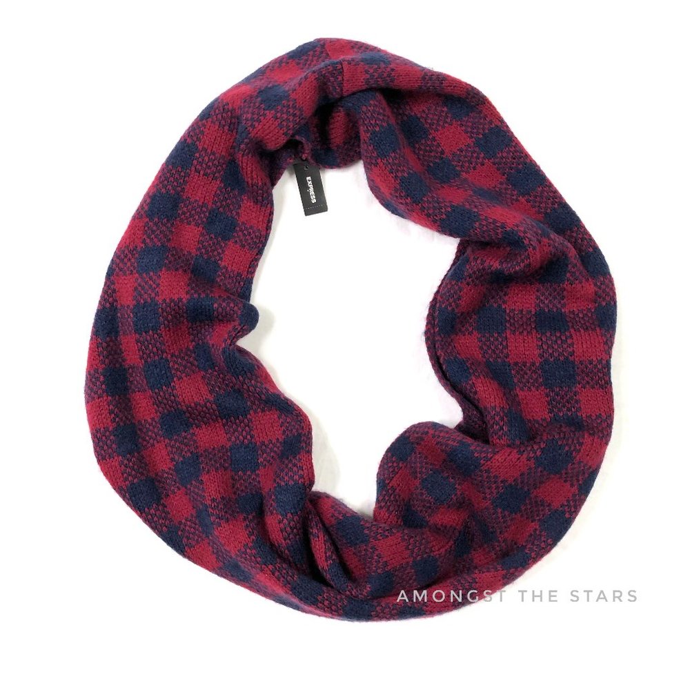 Express Red Blue Plaid Wool Mohair Infinity Scarf